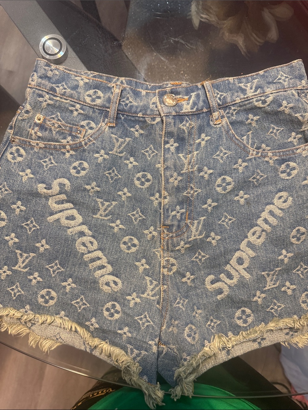 Louis Vuitton Blue Monogram Supreme Denim Cutoff Shorts